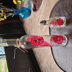 Oil & Vinegar bottle with Decorative Glass Bottles with Red Floral Design